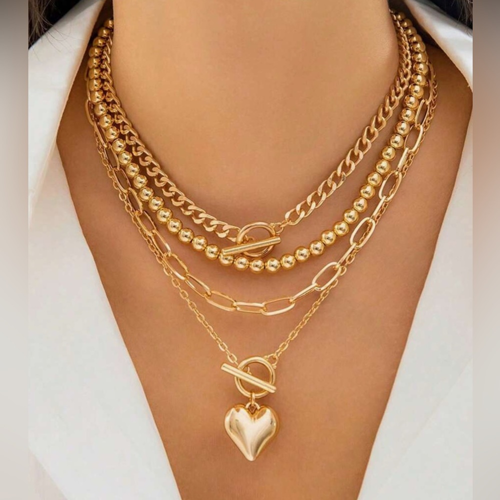 Gold Layered Necklace Heart Chain Beaded Set